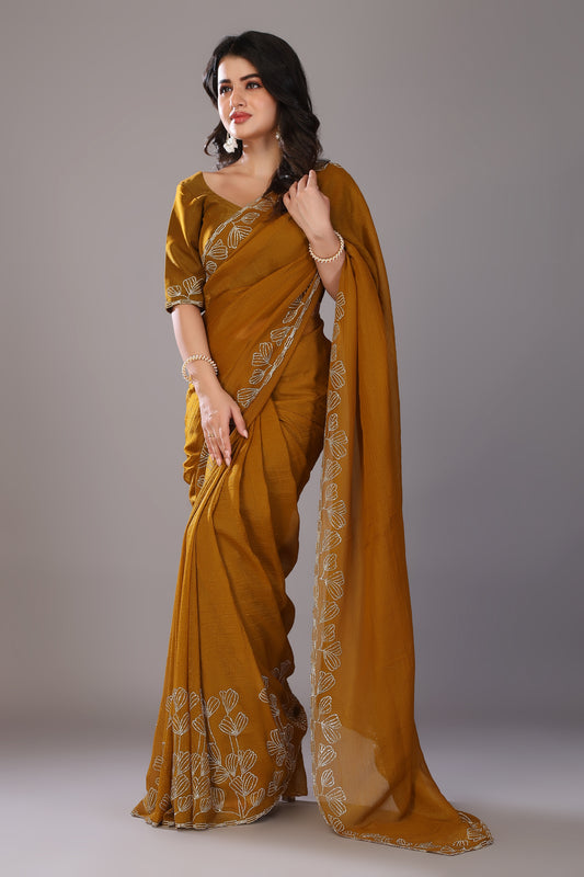 Mustard yellow stone work crunchy saree