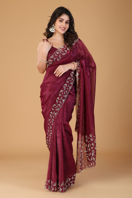 Wine stone work crunchy saree