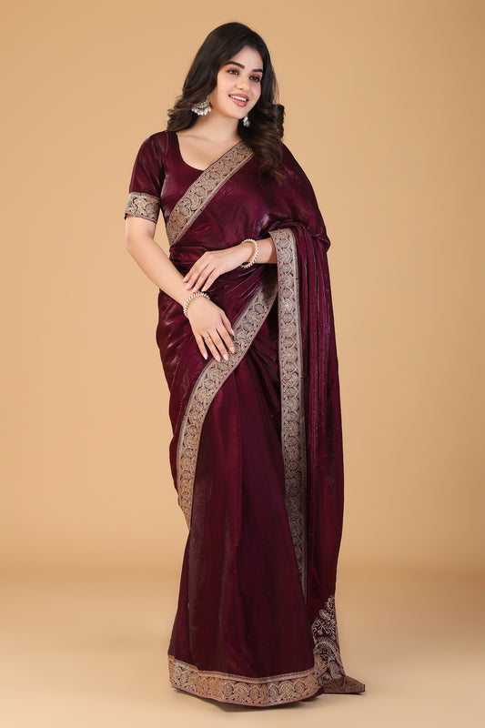 Marun zari work swarovski soft silk saree