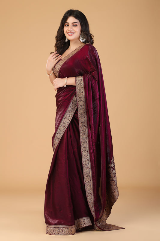 Marun zari work swarovski soft silk saree