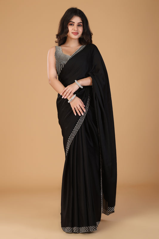 Black stone work pure satin saree