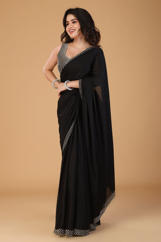 Black stone work pure satin saree