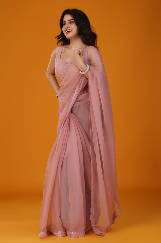 Onion pink thread work swarovski chiffon saree