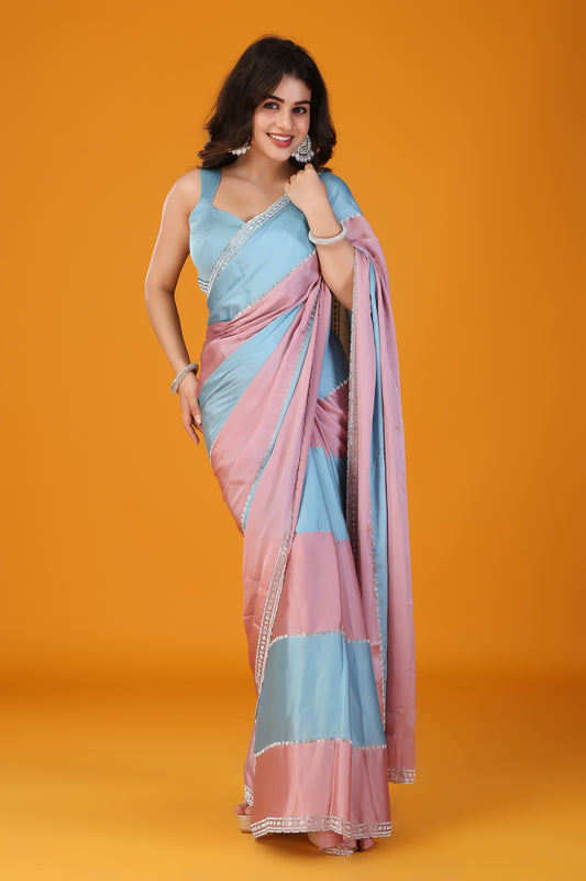 Blue & Pink two tone stone work soft silk saree