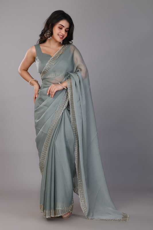 Pistachio stone work chiffon silk saree