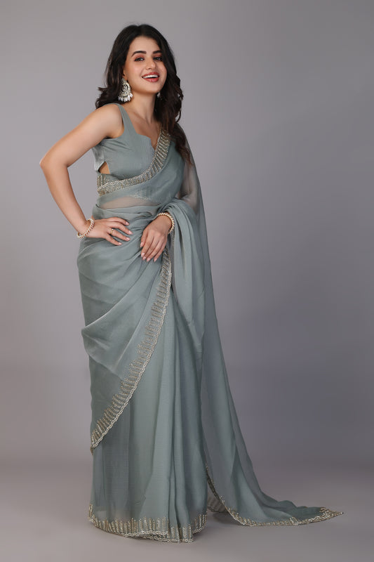 Pistachio stone work chiffon silk saree