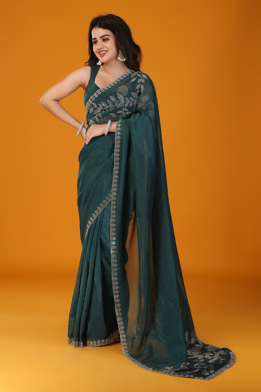 Green stone work crunchy saree