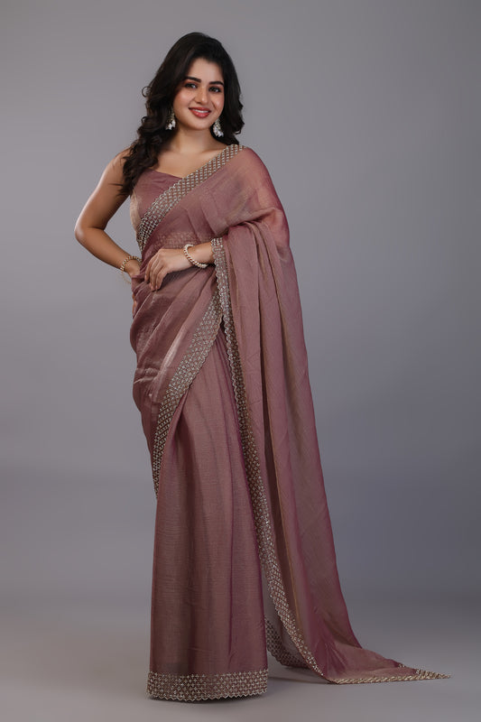 Brown stone work soft tissue saree