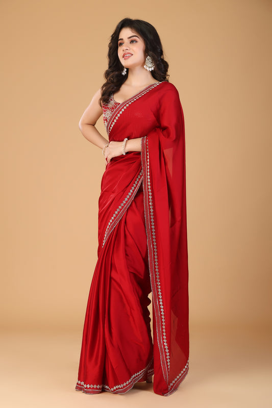 Red stone work pure satin saree
