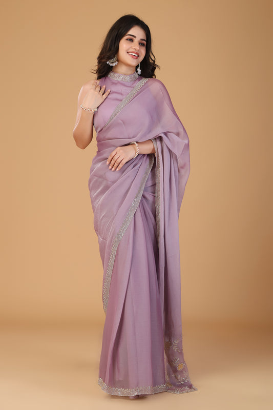 Lavender pink stone work tissue saree