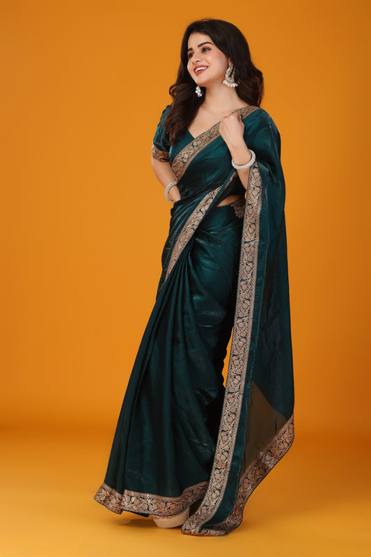Green zari work soft tissue saree