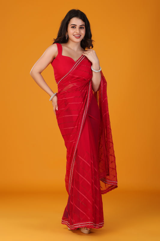 Red thread and stone work chiffon saree